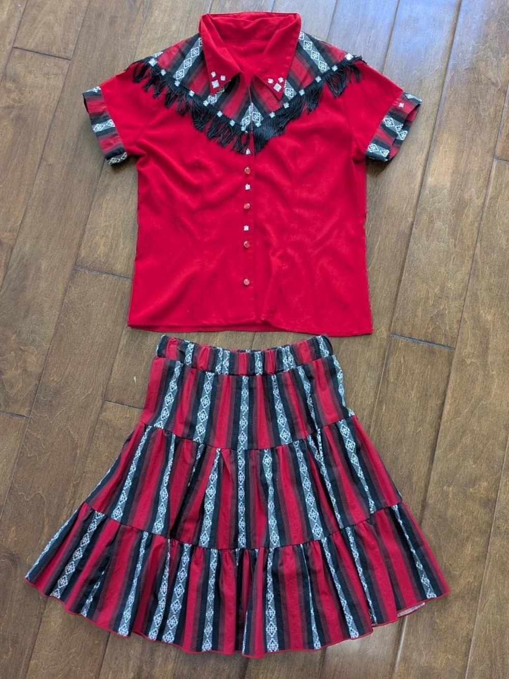 Women's Red Tiered Stripe Skirt with Matching Top